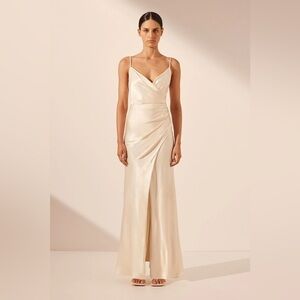LA LUNE CROSS DRAPED MAXI DRESS IN CREAM